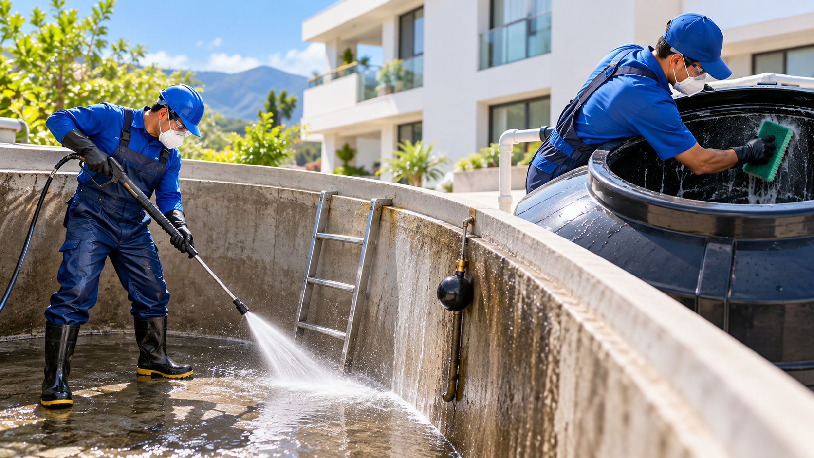 Personal realizando limpieza de depósitos de almacenamiento de agua
